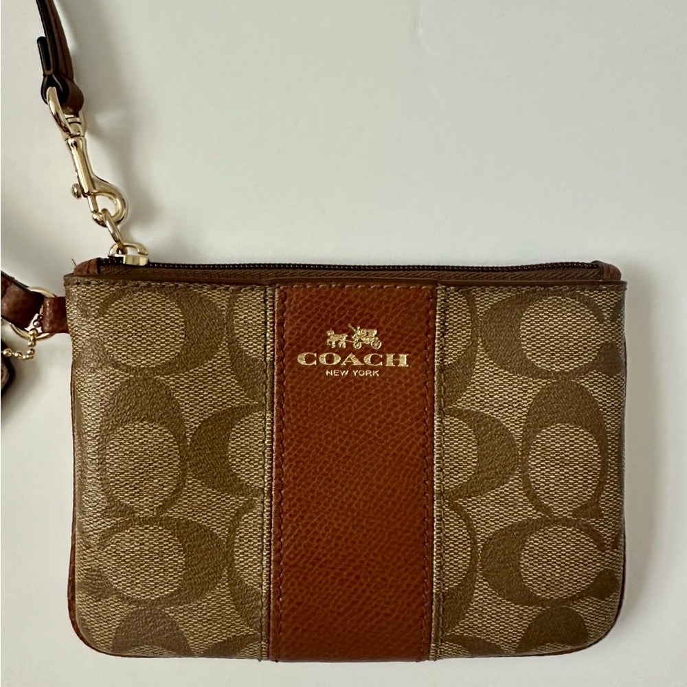 Authentic Coach Brown Leather & Canvas Logo Wristlet
